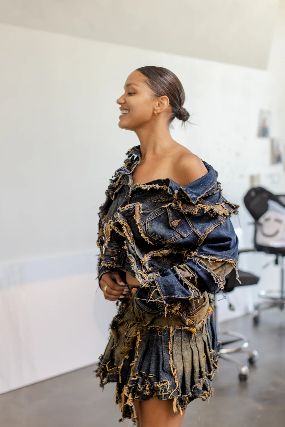 A designer look photographed on set